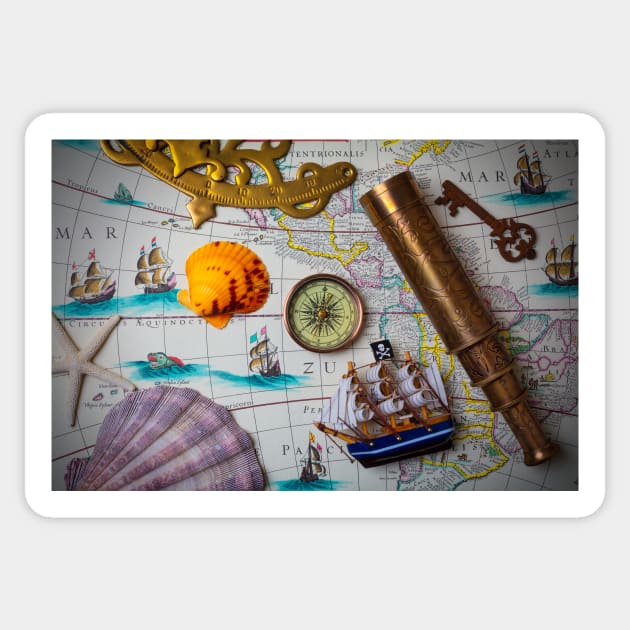 Pirate Ship On Old Map Sticker by photogarry